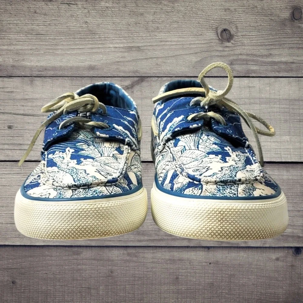 Sperry Top-Sider‎ Mens Blue Wave Fish Print Boat Shoes STS22937 Size 10